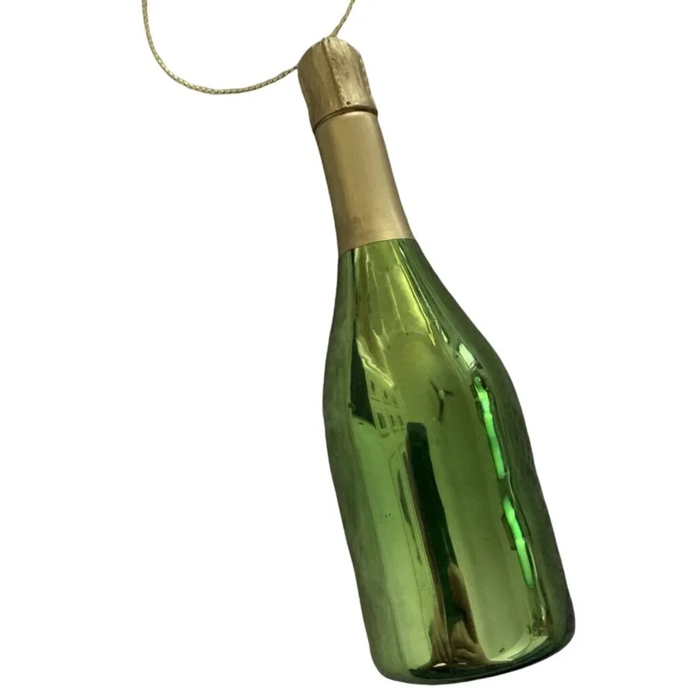 West Elm Ornament Glass Champagne Bottle Green Gold Christmas